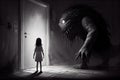 girl, with her back against the wall, facing down a fearsome monster