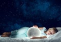 Girl in her bed and moon planet