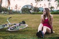 Girl with her Bike at Villa-Lobos Park in San Paulo Sao Paulo, Royalty Free Stock Photo