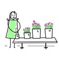 Girl with her cut plants for sale in her small business shop.feeling good, cartoon