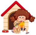 A girl with her dog and doghouse