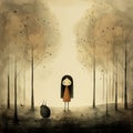 Ethereal Illustrations: A Child In An Orange Dress And An Old Man In A Forest Royalty Free Stock Photo