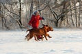 Girl with her dogs in snow