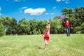 The girl and her father play with a kite. Royalty Free Stock Photo