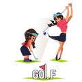 Girl and her future as golf player in Swing Sequence. Then and Now concept. What do you want to be when you grow up. Dreaming to