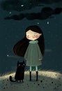 A Girl and Her Kitty: A Cute Cartoon about a Girl and Her Cat on a Cloudy Night