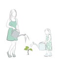 The girl with her mother watered the plant that grows from the Earth. world environment day. vector illustration.