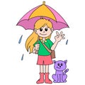 The girl with her pet cat uses an umbrella during the rainy season, doodle icon image kawaii Royalty Free Stock Photo