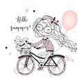 A girl with her pet dog rides a Bicycle with balloons. Vector