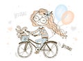 A girl with her pet dog rides a Bicycle with balloons. Vector