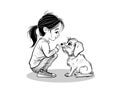 Girl and Her Pet in Outline Style Royalty Free Stock Photo