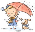 Girl and her puppy under the umbrella Royalty Free Stock Photo