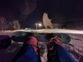 A girl with her snowboard and her first practice for snowboarding at Niseko illage, Sapporo , Japan Royalty Free Stock Photo