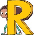 girl hides behind the capital letter R