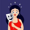 The girl hides her tears behind a smiling mask. emotional crisis.