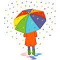 Girl hiding from colored rain under umbrella back view Royalty Free Stock Photo