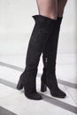 Girl in high black boots, . lookbook, women`s high leather boots Royalty Free Stock Photo