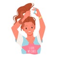 Girl with high ponytail, beautiful curly woman holding scrunchy elastic band to do hair