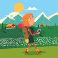 Girl hike cartoon colorful vector illustration Royalty Free Stock Photo