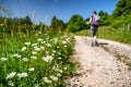 Girl hiker on walking on hiking path with beautiful summer nature around Royalty Free Stock Photo