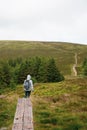 Girl hiker is walking on wooden path near Guinness Lake Lough Tay valley -  a movie and series location, such as Vikings. Royalty Free Stock Photo