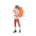 Girl with hiking backpack and photo camera. Young woman explorer or traveller in sportswear. Adventure tourism, travel