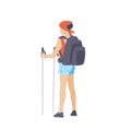 Girl with hiking backpack and trekking sticks stands with his back. Young woman explorer or traveller in sportswear