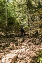 Girl hiking in the Forest near lake in La Mauricie National Park Quebec, Canada on a beautiful day Royalty Free Stock Photo