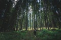 Girl hiking in moody green forest