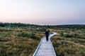 Girl hiking outdoor wooden trail mooreland Cape Breton Island Coast Nova Scotia Highlands Canada Royalty Free Stock Photo