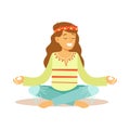 Girl Hippie Dressed In Classic Woodstock Sixties Hippy Subculture Clothes Meditating In Lotus Pose Royalty Free Stock Photo