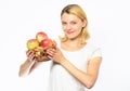 Girl hold basket with apples white background. Metabolism and dieting. Healthy nutrition concept. Woman knows how stay