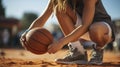 Girl hold basketball before streetball game outdoors. Generative AI