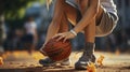 Girl hold basketball before streetball game outdoors. Generative AI
