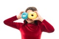 Girl hold glazed donut white background. Kid girl hungry for sweet donut. Sugar levels and healthy nutrition. Donut her Royalty Free Stock Photo