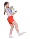 Girl hold heap of books