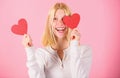 Girl hold heart symbol love and romantic pink background. Woman celebrate love. Girl cheerful fall in love. Love on her