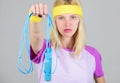 Girl hold jumping rope. Workout sport and dieting. Slim down. Get ready summer body. Weight loss concept. Find time to