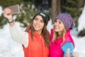 Girl Hold Smart Phone Camera Taking Selfie Photo Snow Forest Young Woman Couple Outdoor Winter Royalty Free Stock Photo