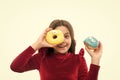 Girl hold sweet donut white background. Child hungry for sweet donut. Sugar levels and healthy nutrition. Nutritionist