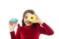 Girl hold sweet donut white background. Child hungry for sweet donut. Sugar levels and healthy nutrition. Nutritionist