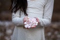 Girl holdig white - pink almond flowers