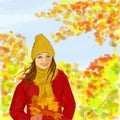 Girl holding autumn leaves in park. She smiles. Autumn forest, yellow trees, leaves