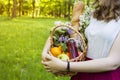 A girl is holding a basket of fruit for a picnic. Going on a picnic. Royalty Free Stock Photo