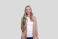 Girl Holding Beer Bottle. Girl With Beer Bottle in Hands. Alcohol