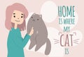Girl holding big fluffy cat. They are friends, loving cats very much happy pets. Home is where your cat is. Cat`s .day. Adopt pet