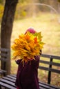 The girl is holding a bouquet of autumn leaves in front of her face