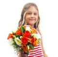 girl holding a bouquet of roses in his outstretched hand Royalty Free Stock Photo