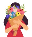 Girl holding bouquet. Spring flower, present for mother. Beauty gift on birthday, valentine day or woman greetings