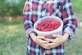 The girl is holding a bucket of ripe fresh raspberries Royalty Free Stock Photo